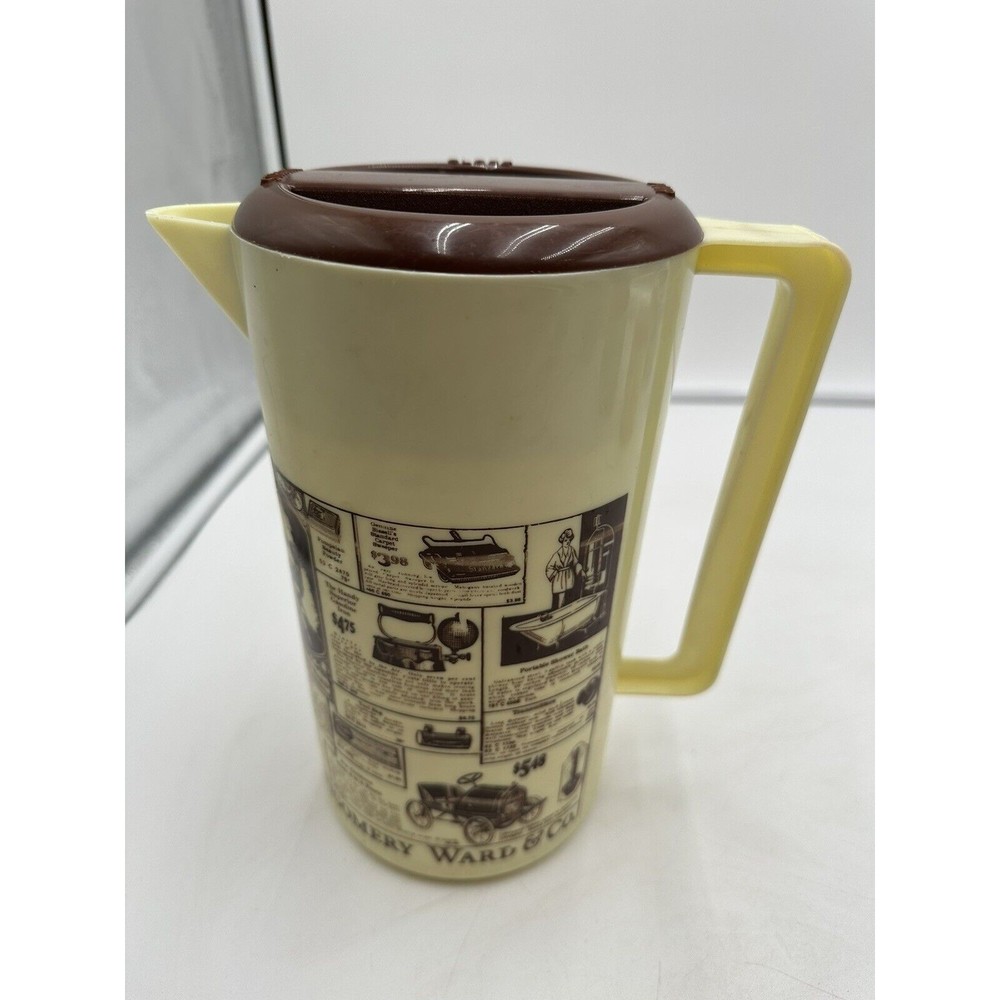 Vintage Montgomery Ward Plastic Pitcher Retro Advertisements MCM Cream/Brn